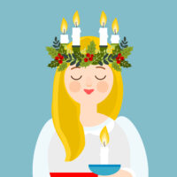 Saint Lucia with floral wreath and candle crown, Swedish Christm Saint Lucia with floral wreath and candle crown, Swedish Christm
